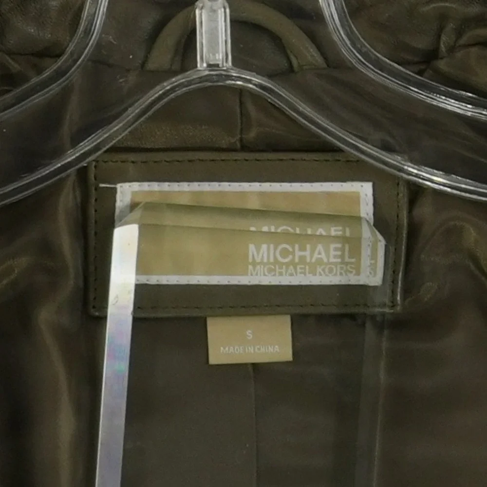 Michael Kors Leather Moto Jacket Women's Size Small Olive Green Biker Coat Lined